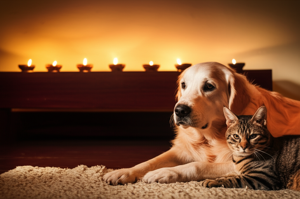 Diwali with pets, keeping dogs safe during Diwali, pet anxiety Diwali, pet friendly Diwali